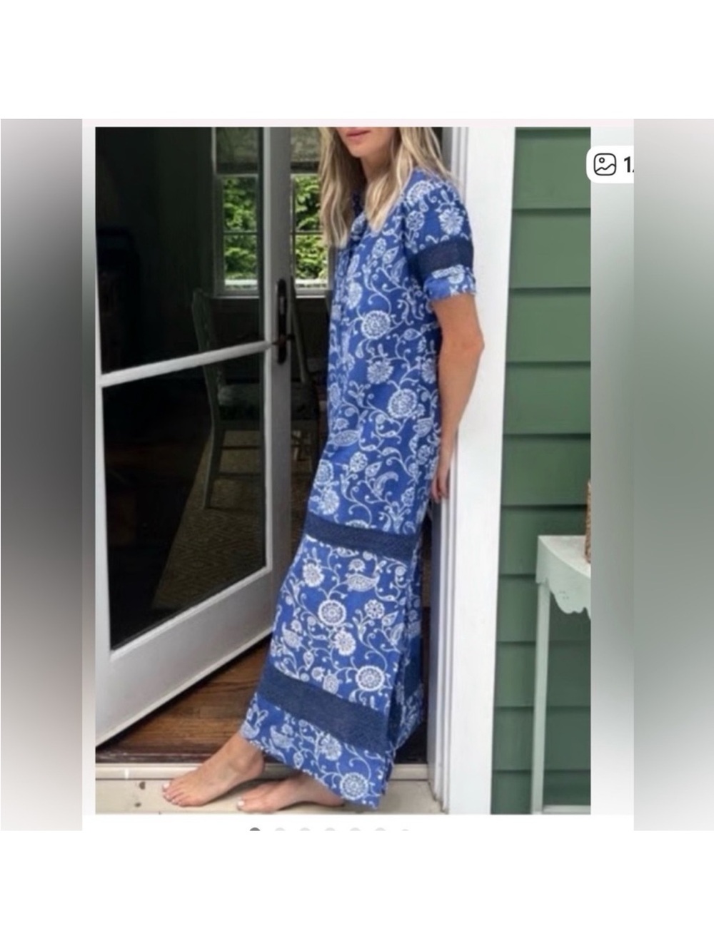 Blue Floral Short-Sleeve Maxi Dress with Contrast Bands